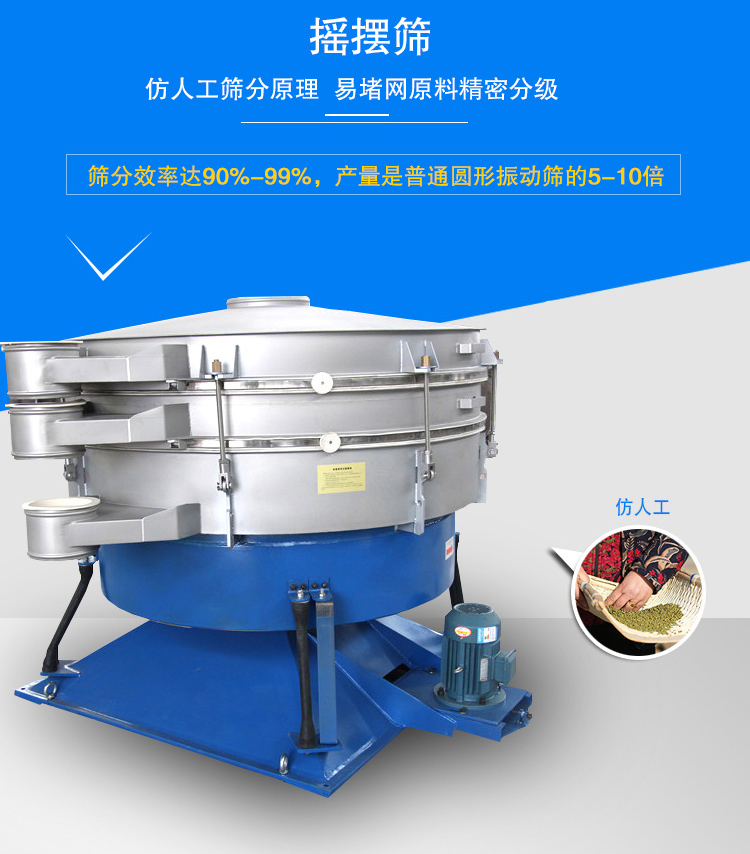 搖擺篩適合精細和超細范圍的粉末和微粒狀物料，產(chǎn)量大、精度高
